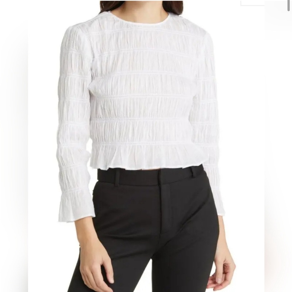 FRAME White Ruched 100% Cotton Crop Rippled Gathered Stretchy NWOT sz L